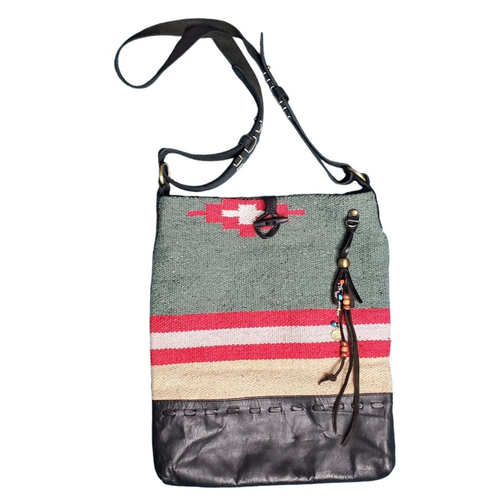 Raj Southwest Tribal Kilim Woven Cotton Leather Trim Boho Crossbody Bag